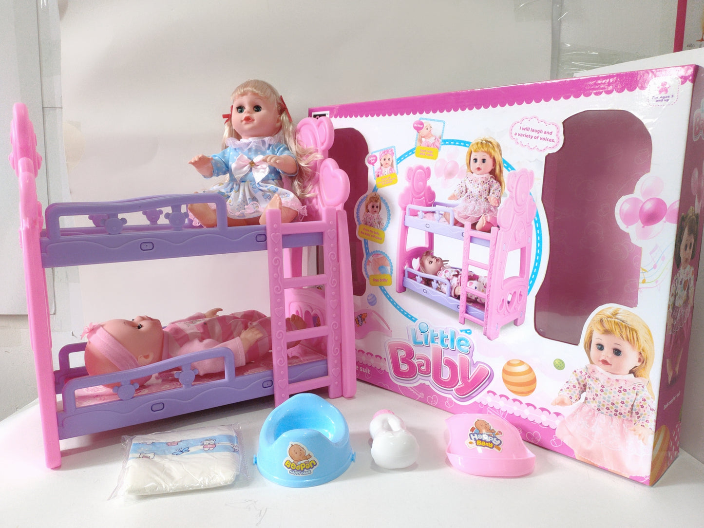 DOLL BED SET 14" DOLL WITH MUSIC AND ACCESSORIES