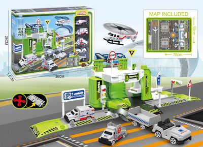 PARKING LOT CITY AIRPORT SET WITH FOUR CARS