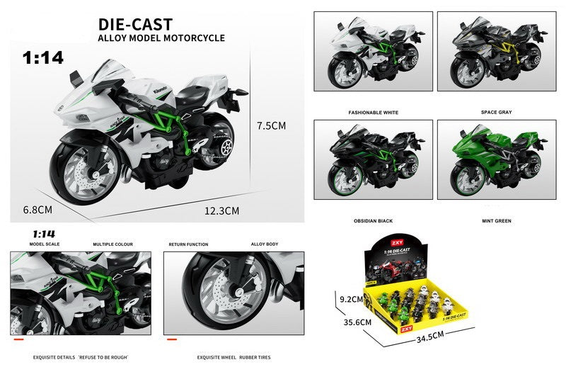 ALLOY MOTORCYCLE 1:14 PULL BACK 12PCS SET DISPLAY BOX