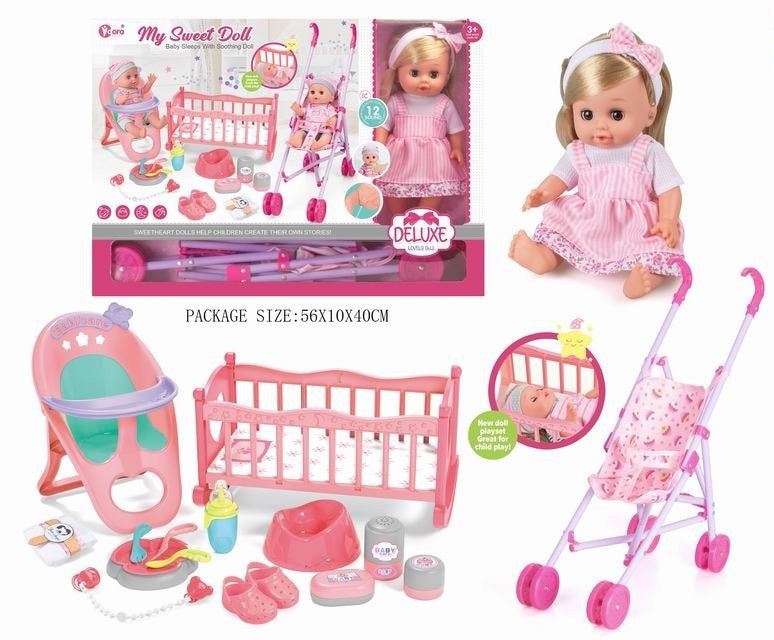 DOLL BED SET 14" DOLL WITH SOUND AND TROLLY & ACCESSORIES
