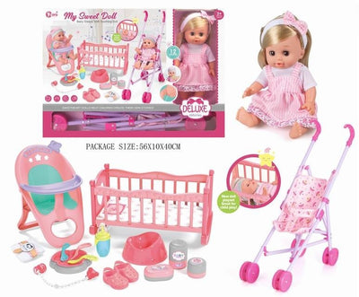 DOLL BED SET 14" DOLL WITH SOUND AND TROLLY & ACCESSORIES