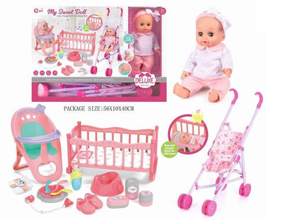 DOLL BED SET 14" DOLL WITH SOUND AND TROLLY & ACCESSORIES