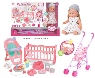 DOLL BED SET 14" DOLL WITH ACCESSORIES