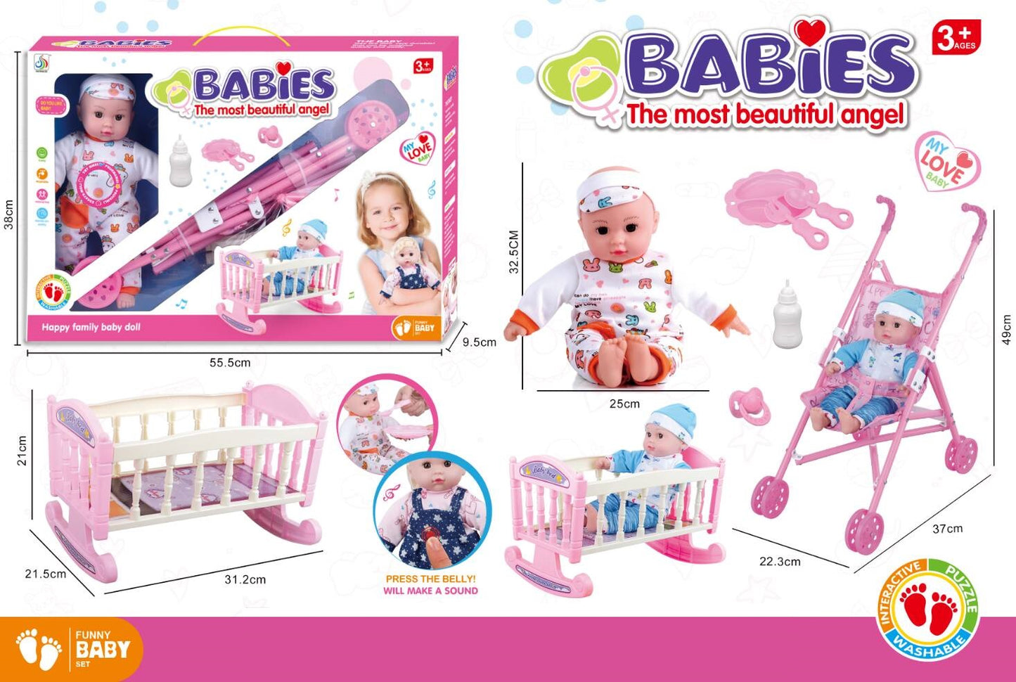 DOLL BED SET 14" DOLL WITH SOUND AND TROLLY & ACCESSORIES